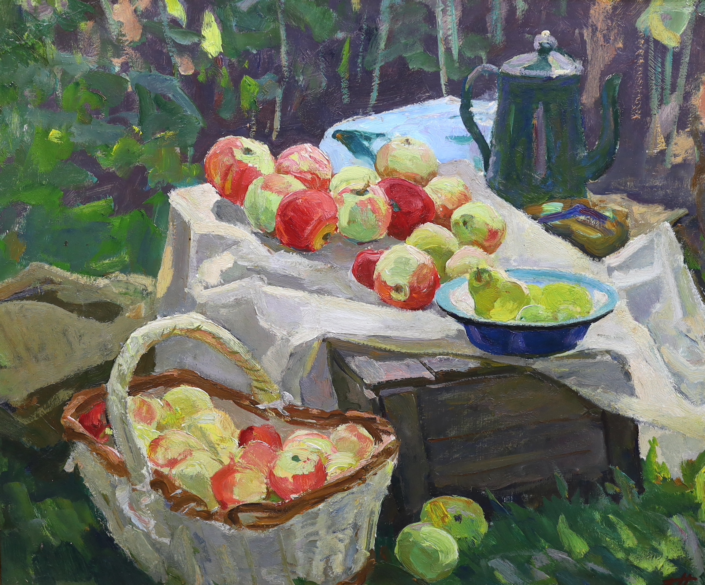Boris Makhalov (Ukranian, b.1925), oil on card, Still life of apples, monogrammed 56 x 68cm